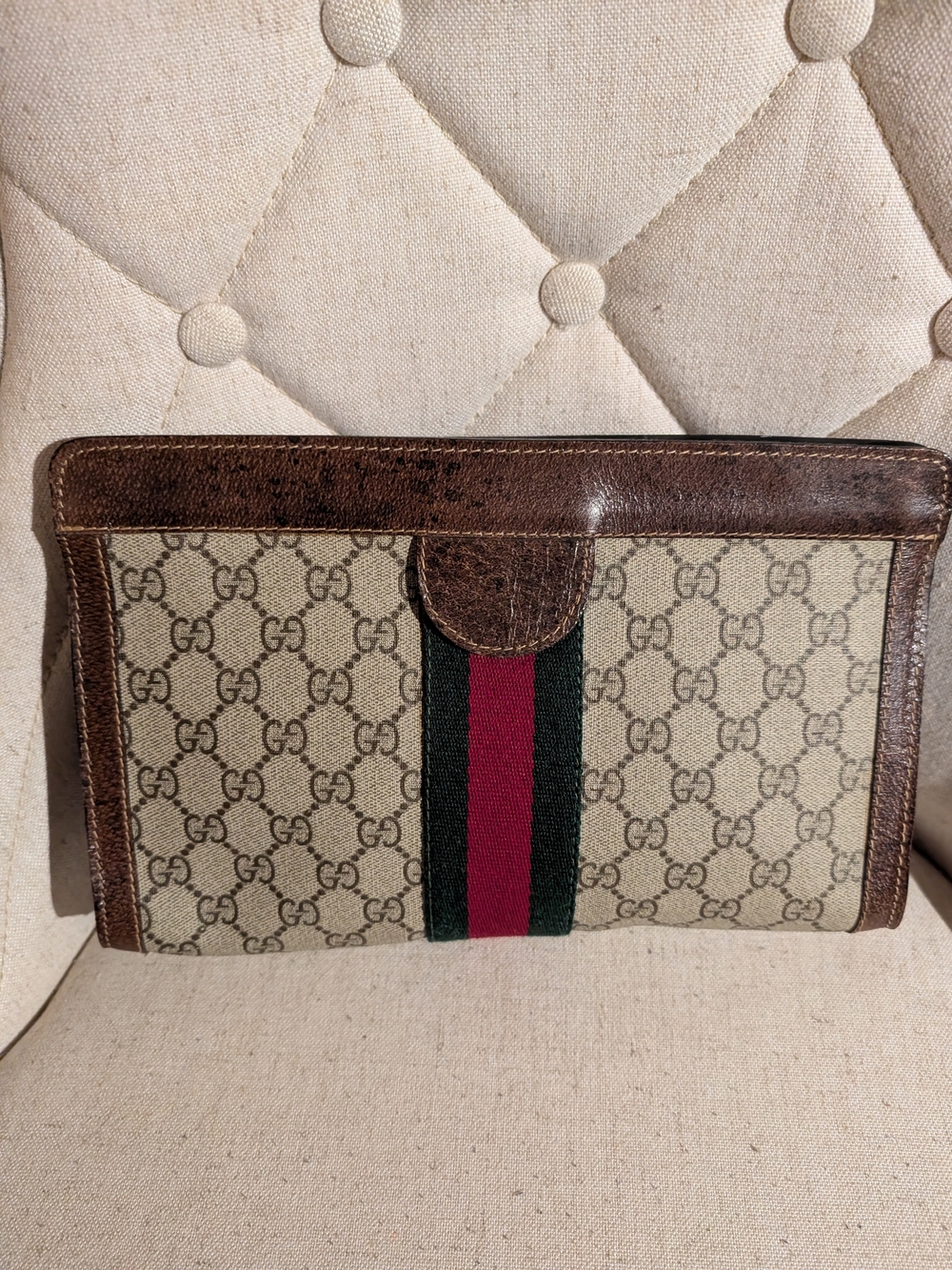 Gucci Beige GG Canvas Clutch w COA Brown Leather and Sherry Web Striping - Picture 2 of 8